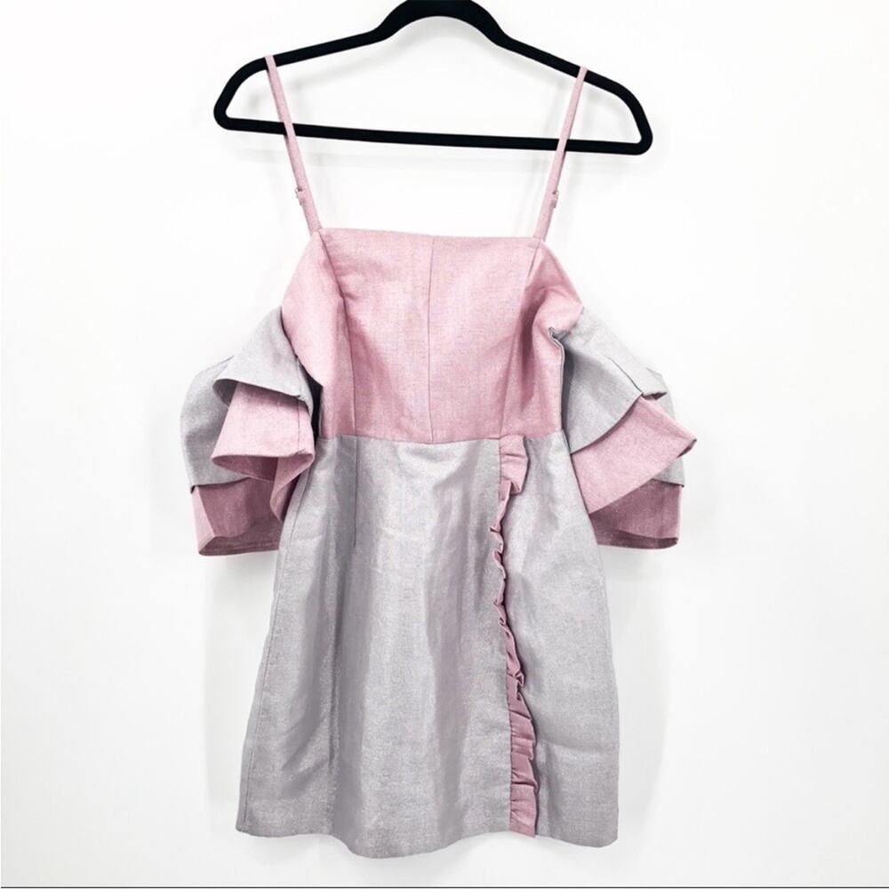 ATOIR It's All Mine Ruffle Glitter Purple Silver Mini Cold Shoulder Dress Small